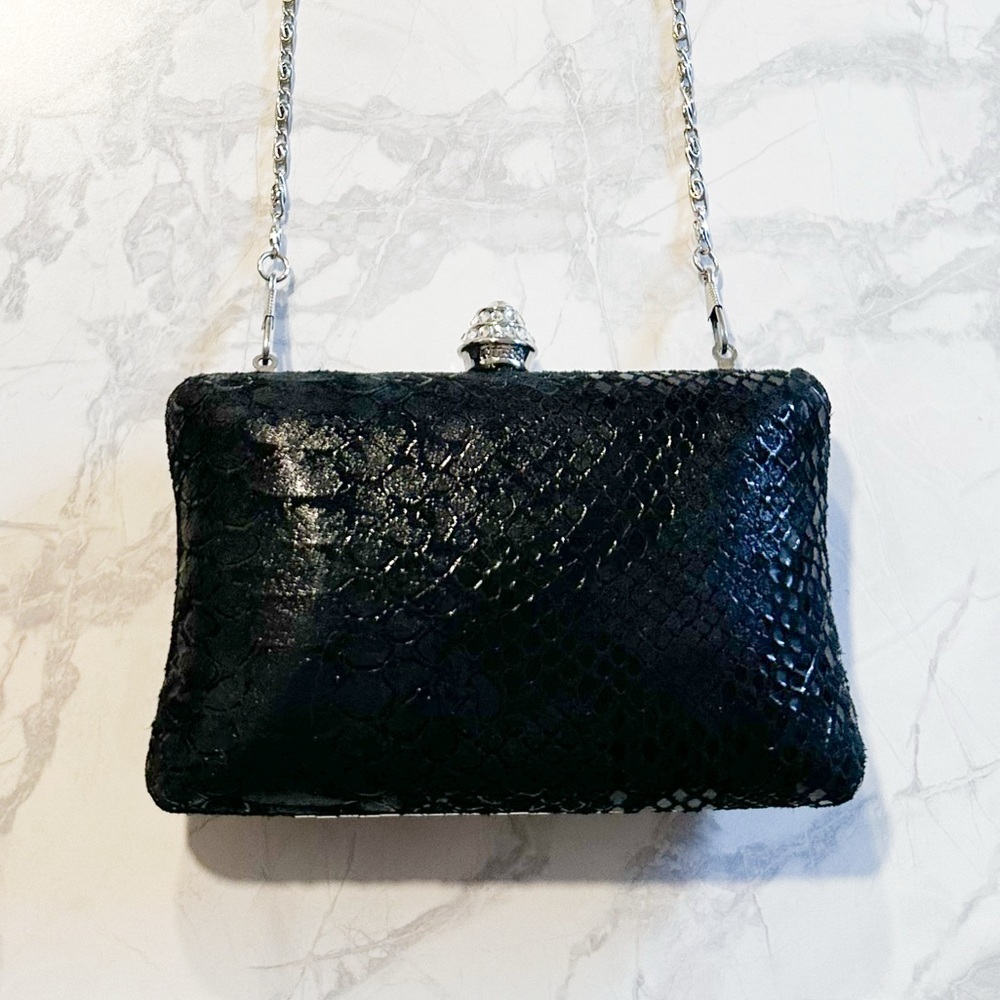 GUESS Black Python Mini Chain Bag Rhinestone Clasp